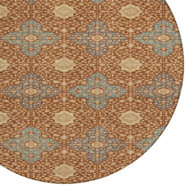 8' X 8' Orange And Teal Blue Round Damask Washable Indoor Outdoor Area Rug Homeroots Outdoor