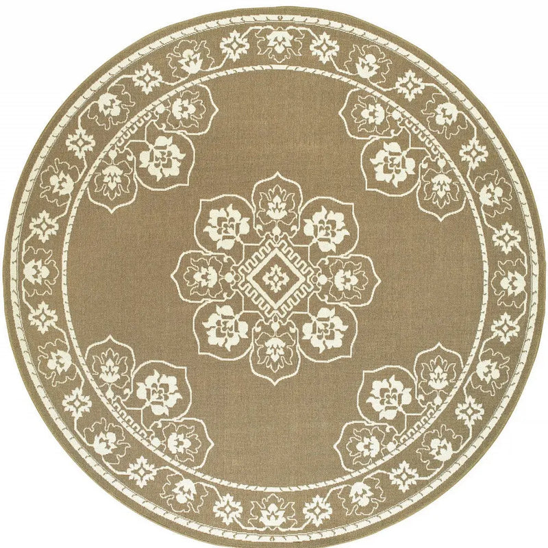 8' X 8' Tan Round Oriental Stain Resistant Indoor Outdoor Area Rug Homeroots Outdoor