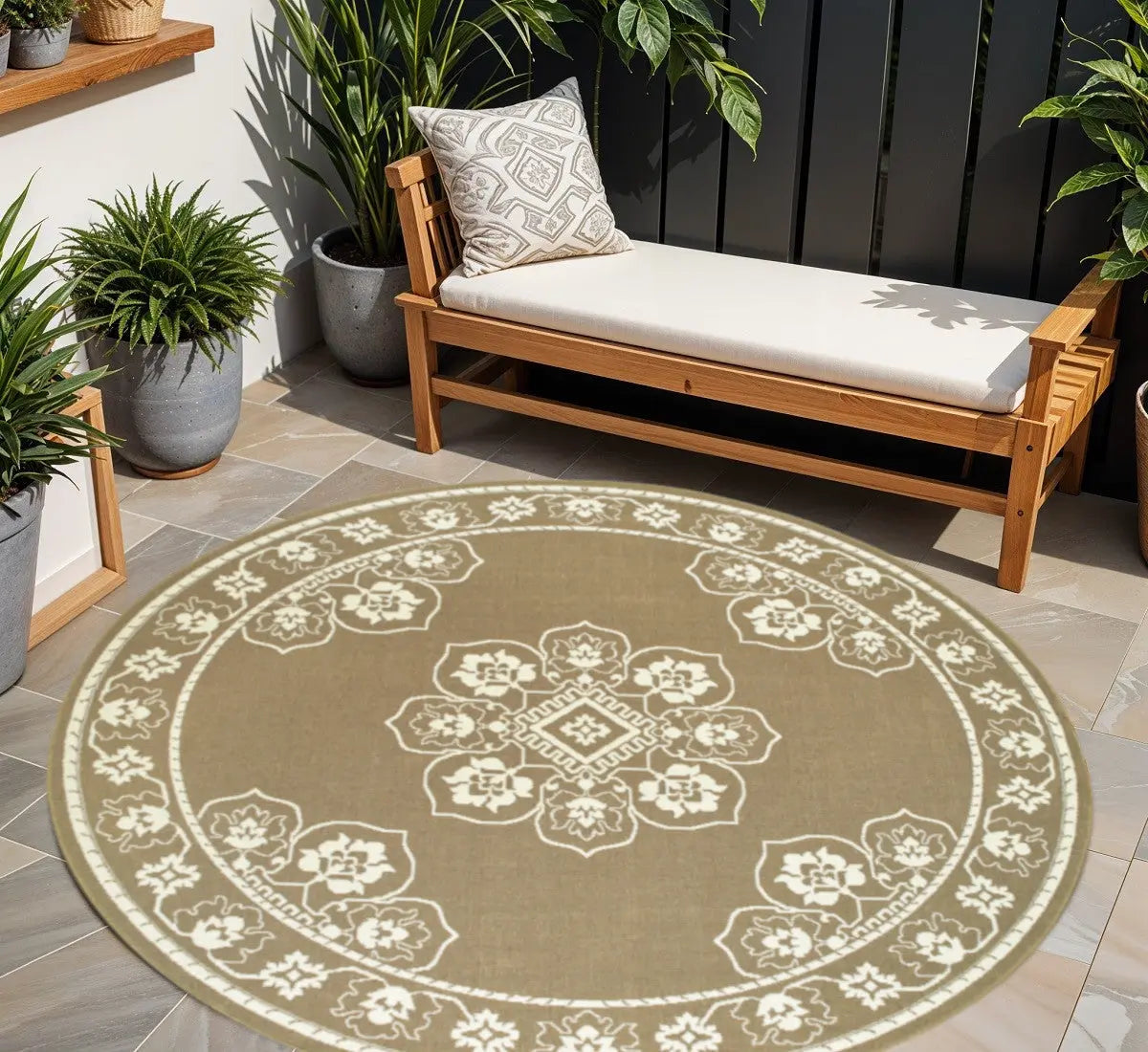 8' X 8' Tan Round Oriental Stain Resistant Indoor Outdoor Area Rug Homeroots Outdoor
