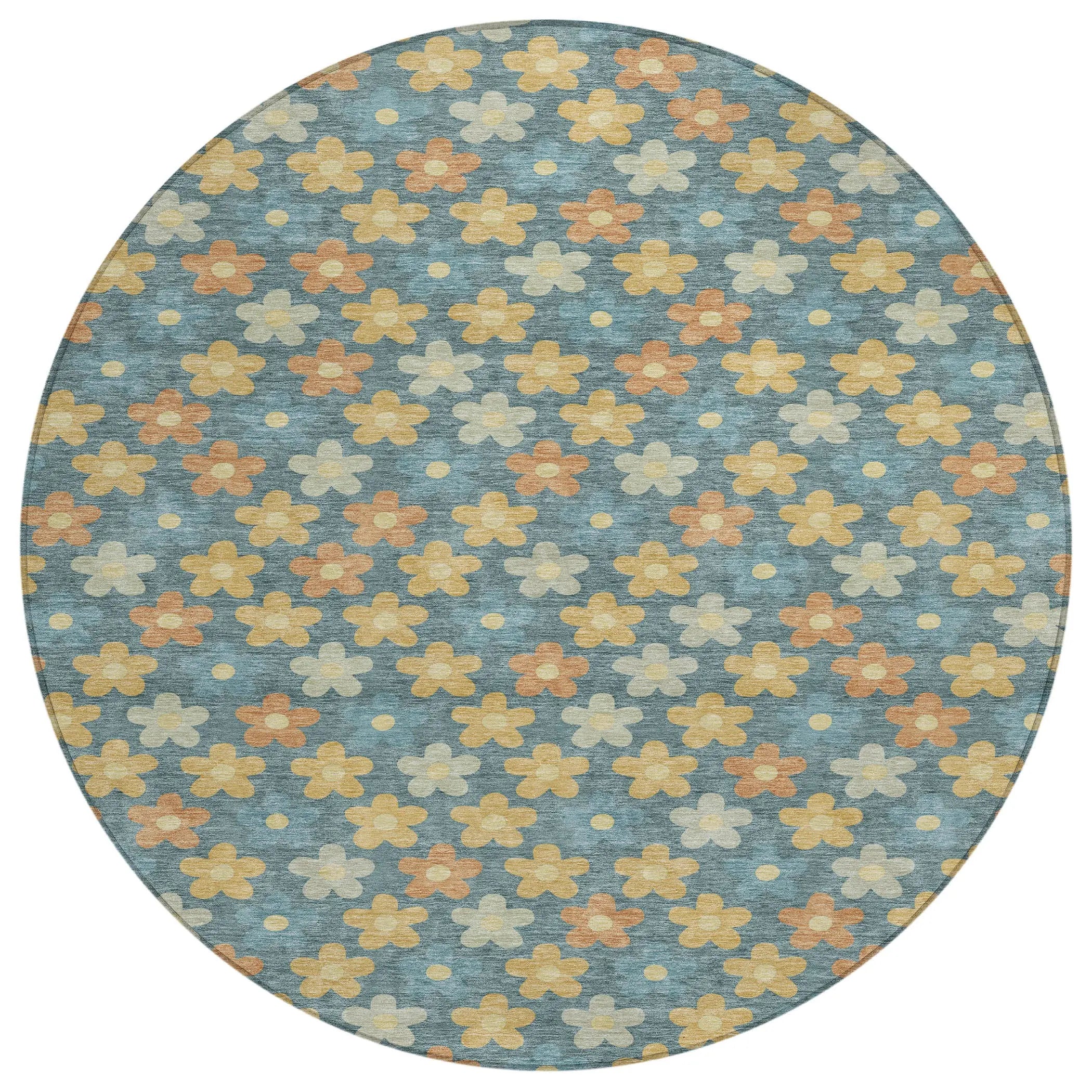 8' X 8' Teal Blue And Copper Round Floral Washable Indoor Outdoor Area Rug Homeroots Outdoor