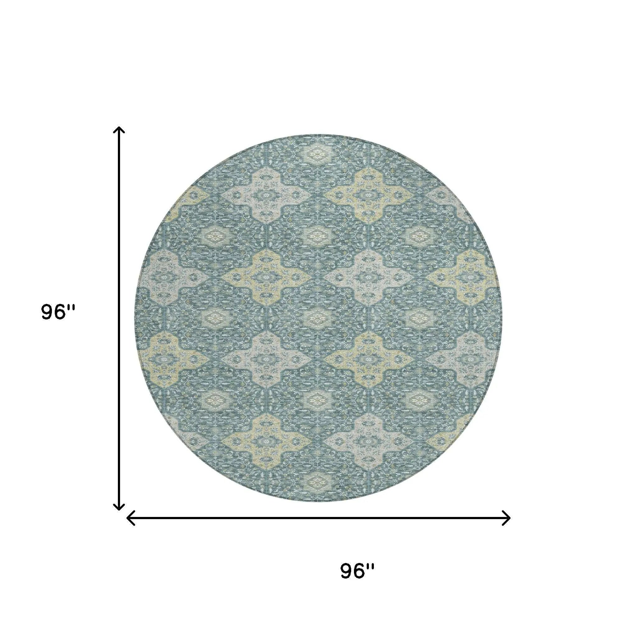 8' X 8' Teal Blue And Silver Round Damask Washable Indoor Outdoor Area Rug Homeroots Outdoor