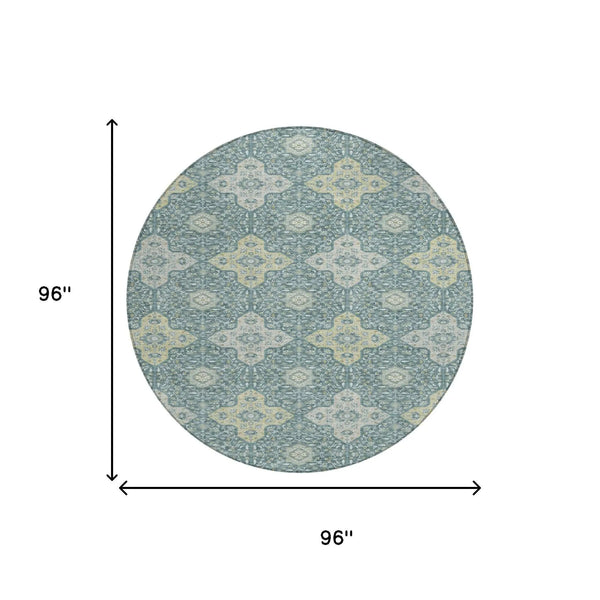8' X 8' Teal Blue And Silver Round Damask Washable Indoor Outdoor Area Rug Homeroots Outdoor