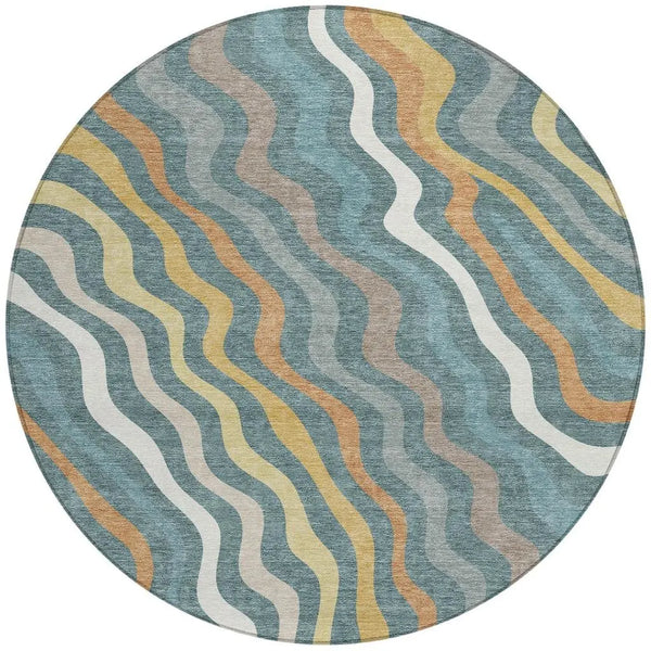 8' X 8' Teal Blue And Taupe Round Abstract Washable Indoor Outdoor Area Rug Homeroots Outdoor