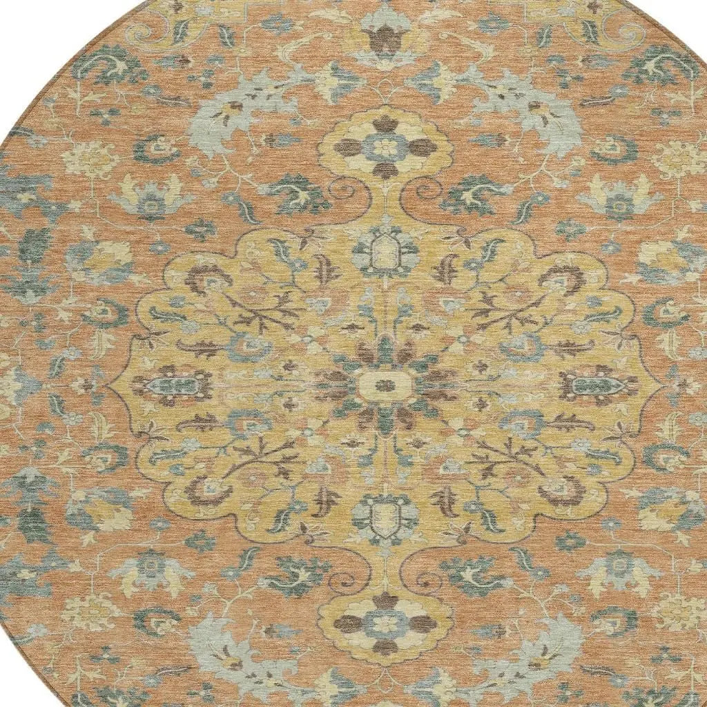 8' X 8' Wheat And Copper Round Floral Medallion Washable Indoor Outdoor Area Rug Homeroots Outdoor