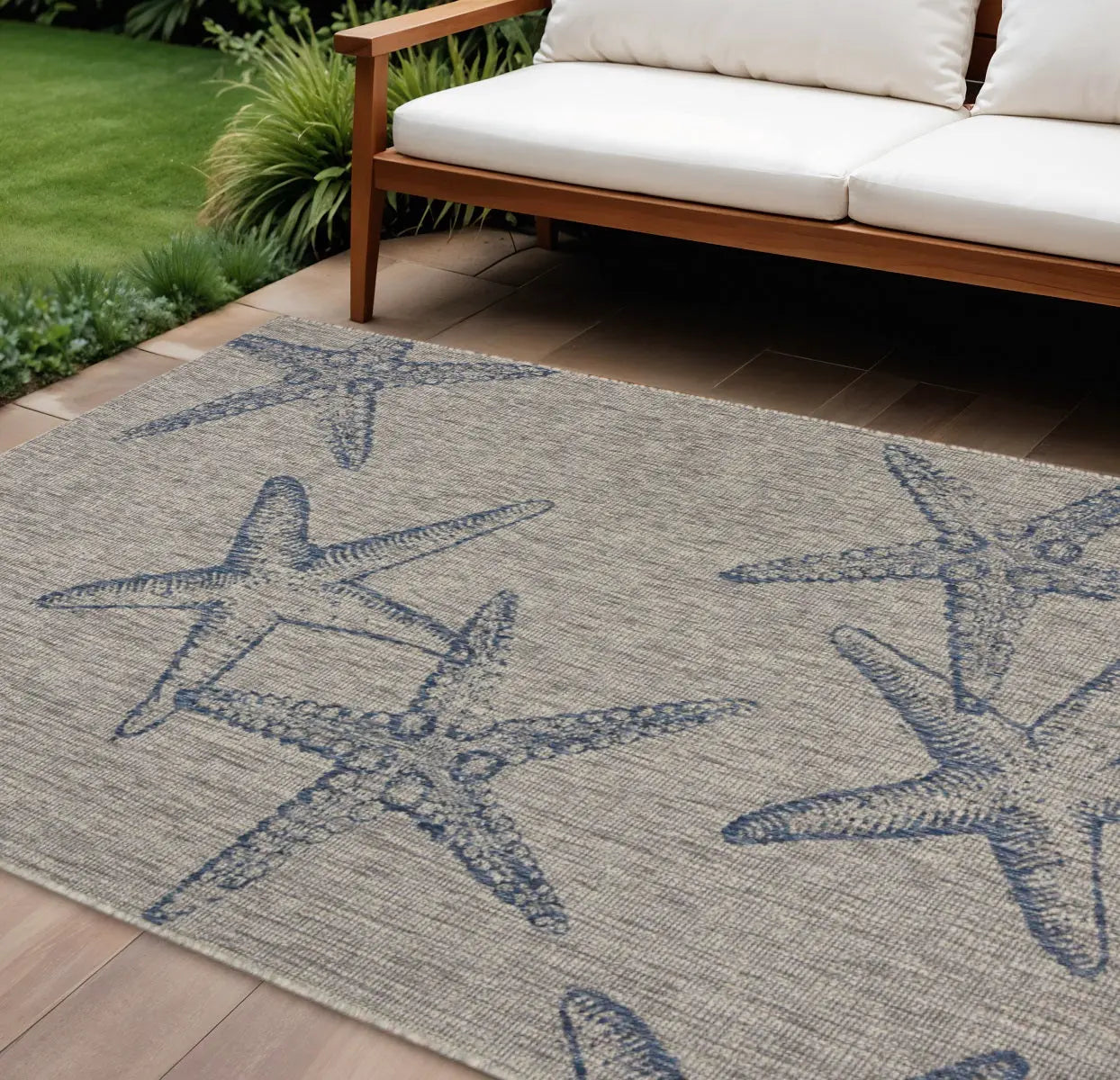 8' X 9' Blue And Gray Starfish Indoor Outdoor Area Rug Homeroots Outdoor