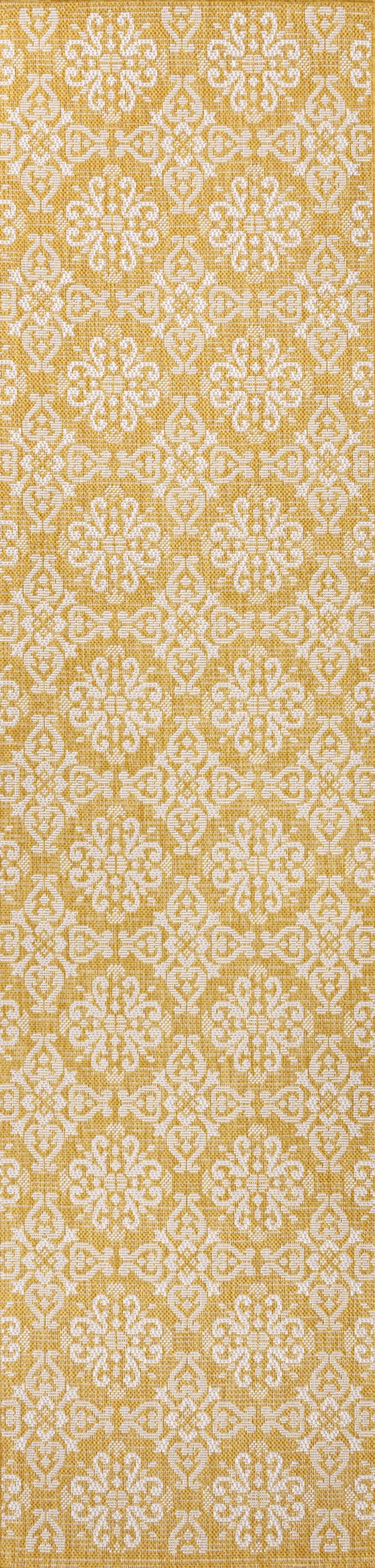 8' Yellow And Cream Floral Indoor Outdoor Runner Rug Homeroots Outdoor