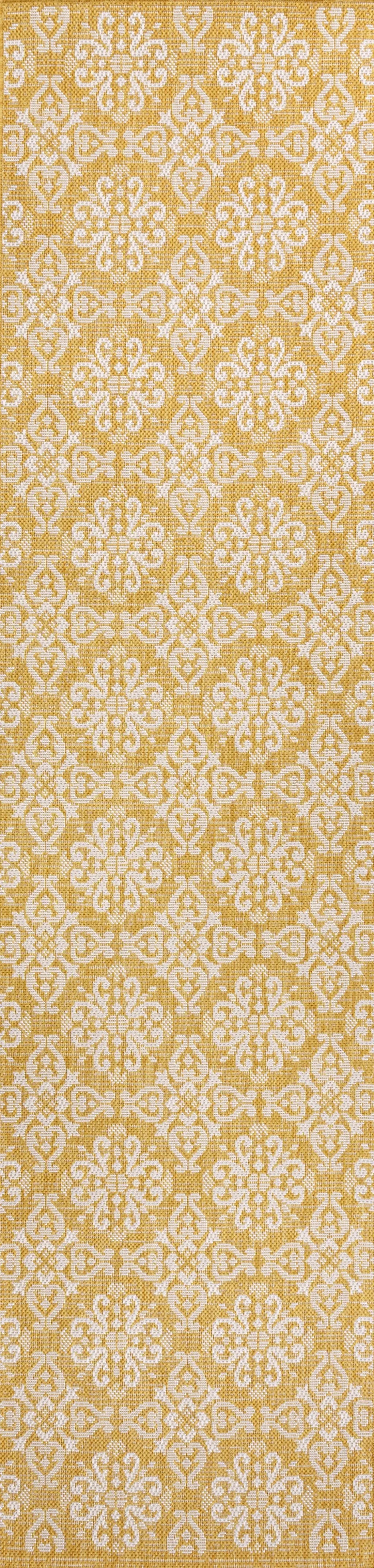 8' Yellow And Cream Floral Indoor Outdoor Runner Rug Homeroots Outdoor