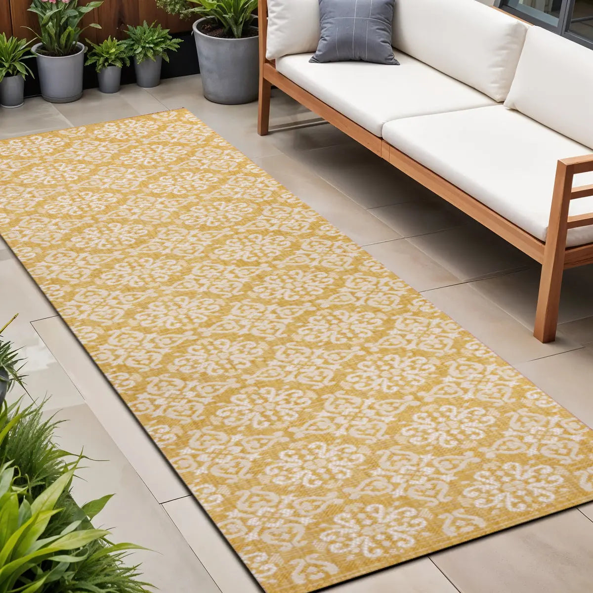 8' Yellow And Cream Floral Indoor Outdoor Runner Rug Homeroots Outdoor