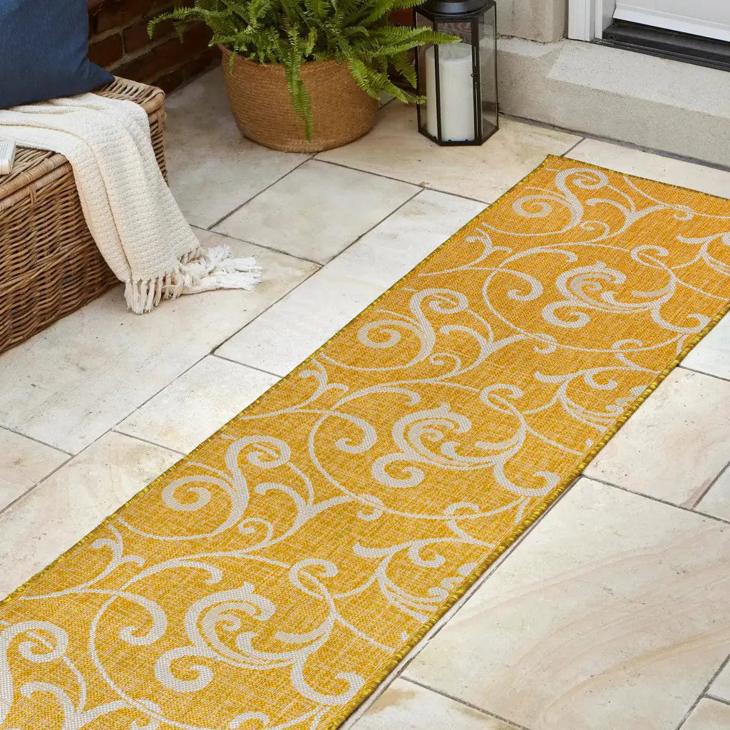 8' Yellow And Cream Floral Indoor Outdoor Runner Rug Homeroots Outdoor