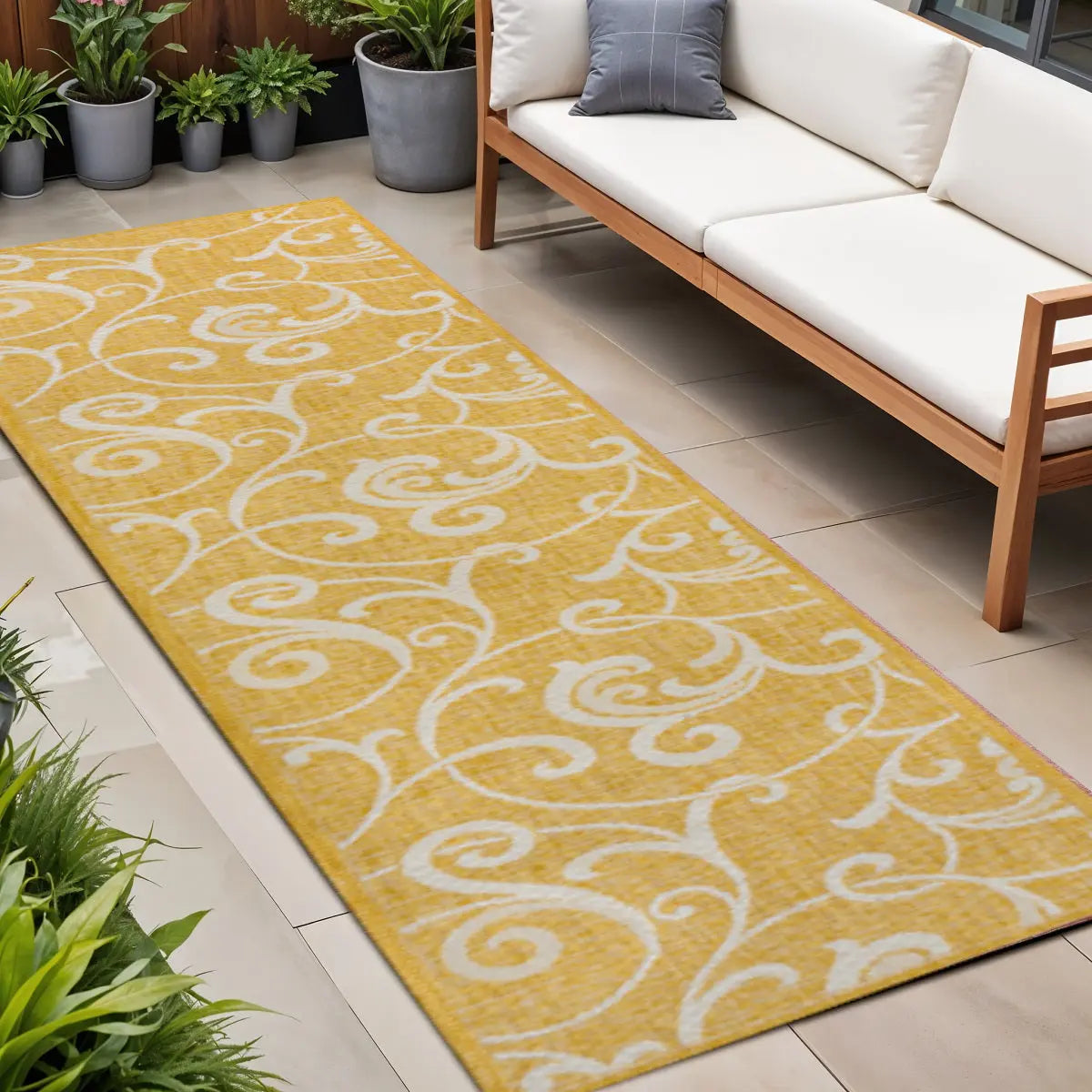 8' Yellow And Cream Floral Indoor Outdoor Runner Rug Homeroots Outdoor