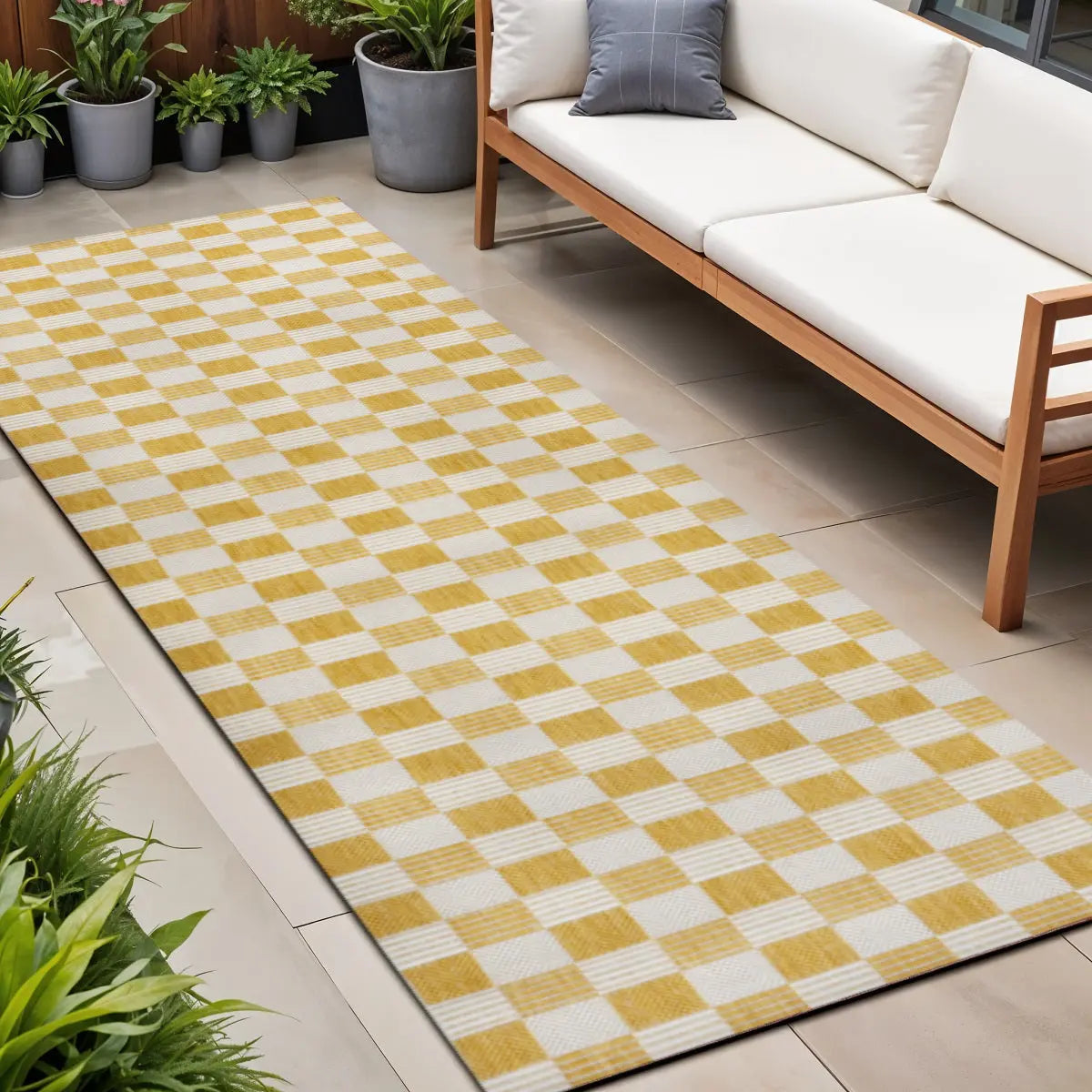 8' Yellow And Cream Geometric Indoor Outdoor Runner Rug Homeroots Outdoor