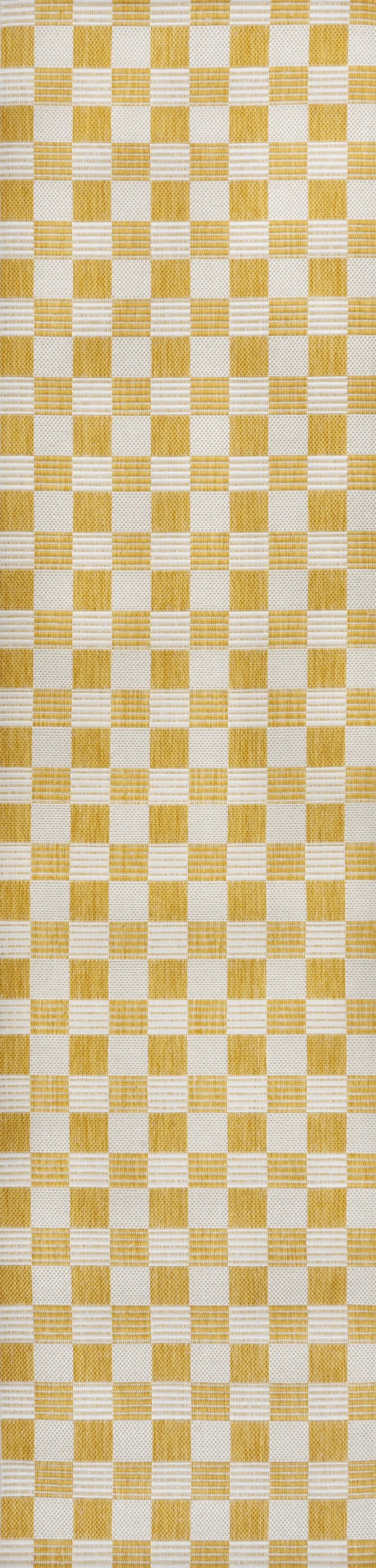 8' Yellow And Cream Geometric Indoor Outdoor Runner Rug Homeroots Outdoor