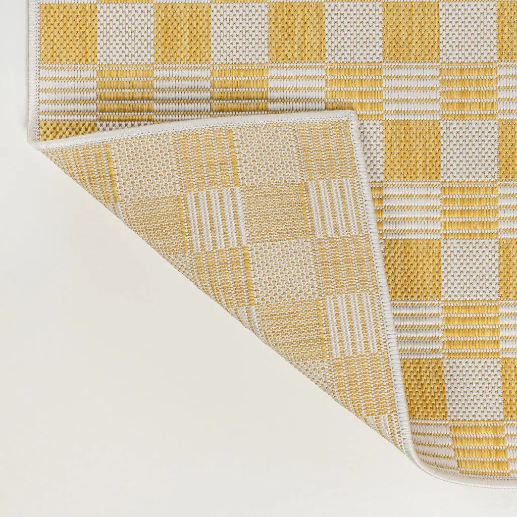 8' Yellow And Cream Geometric Indoor Outdoor Runner Rug Homeroots Outdoor