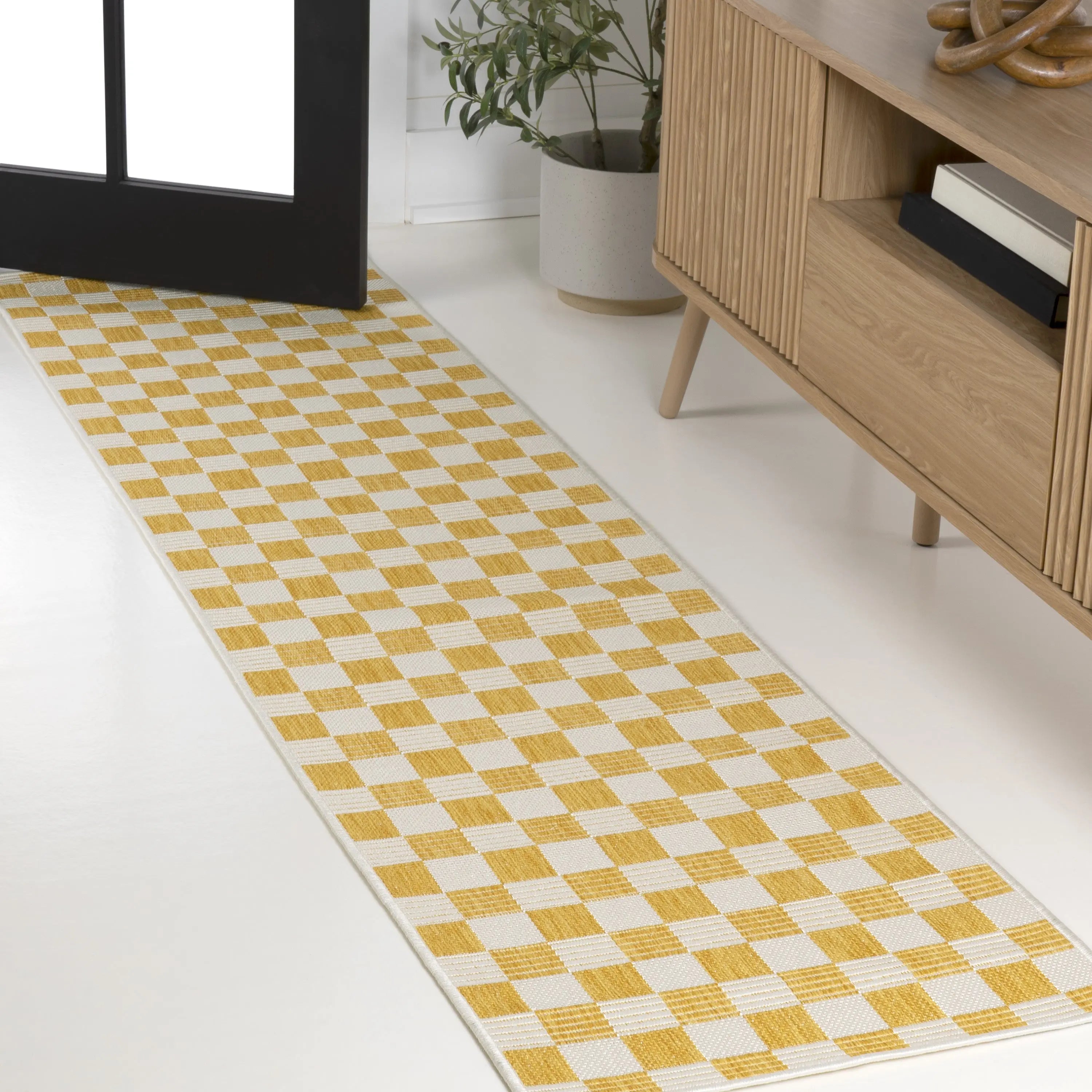 8' Yellow And Cream Geometric Indoor Outdoor Runner Rug Homeroots Outdoor