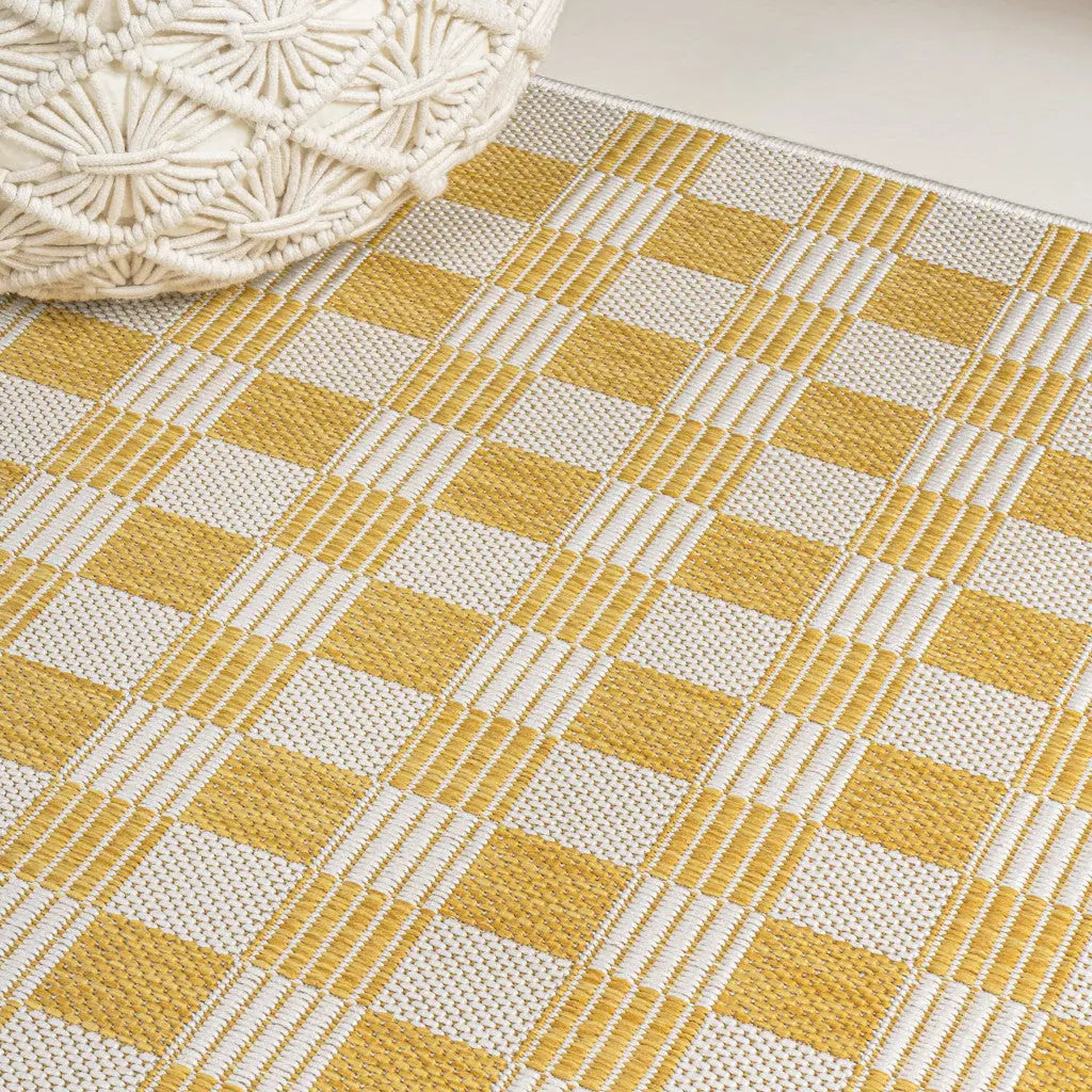 8' Yellow And Cream Geometric Indoor Outdoor Runner Rug Homeroots Outdoor