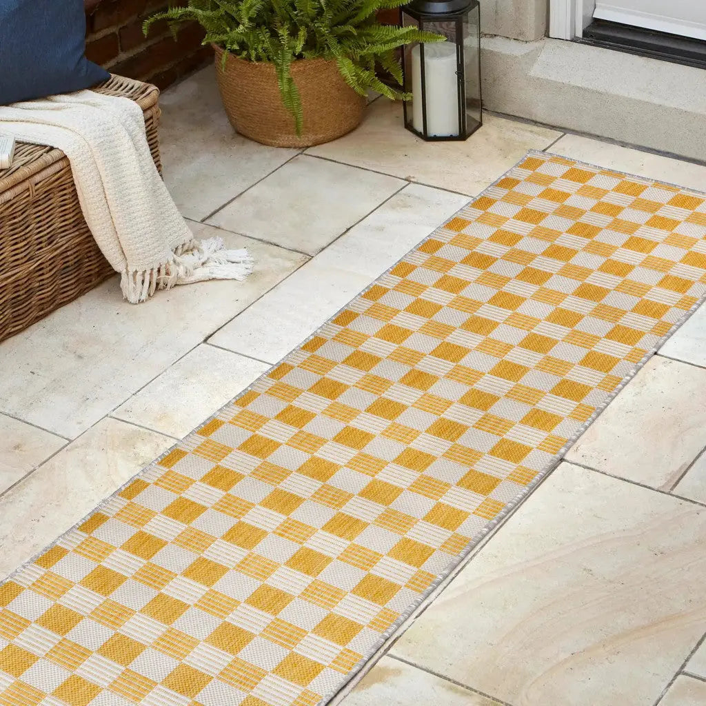 8' Yellow And Cream Geometric Indoor Outdoor Runner Rug Homeroots Outdoor