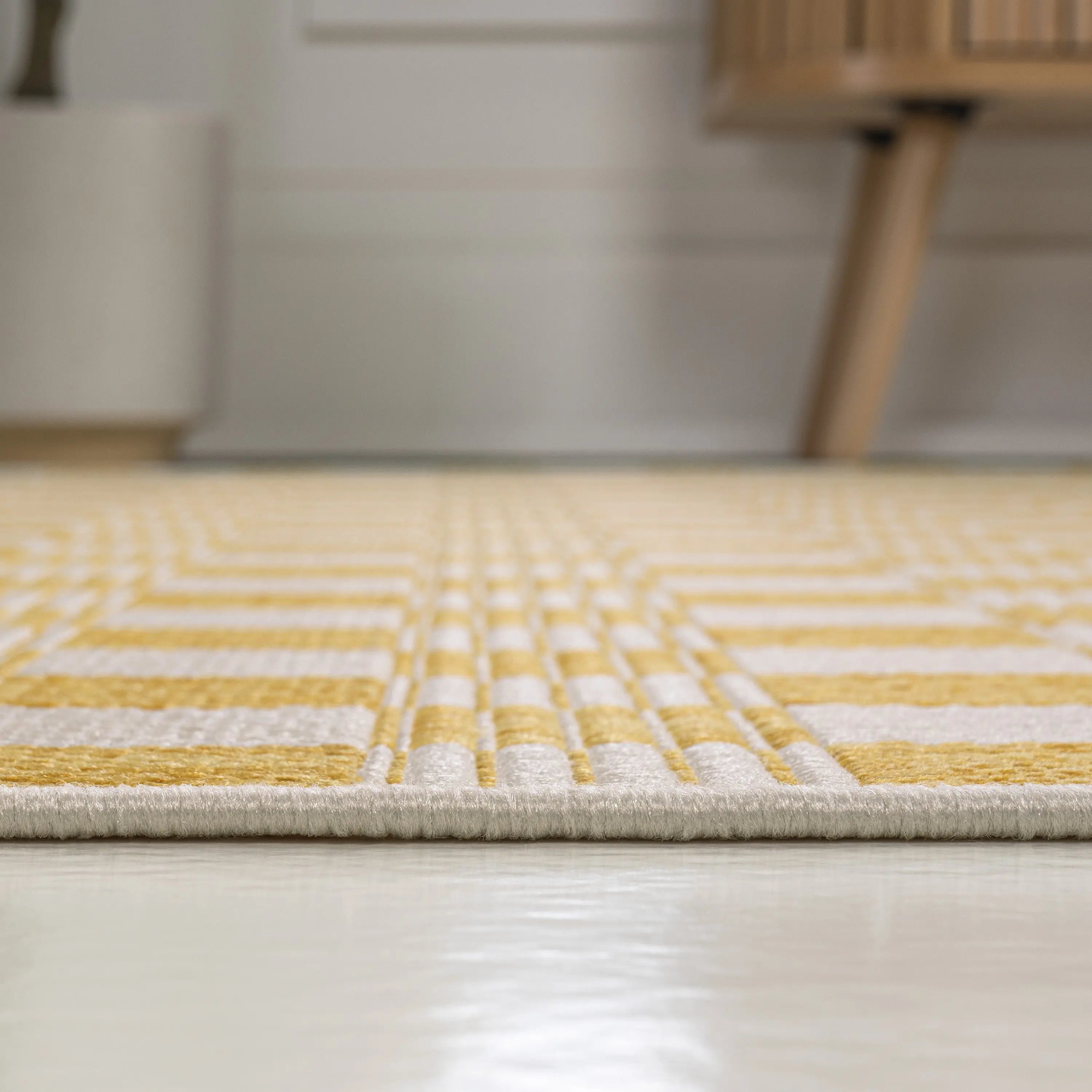 8' Yellow And Cream Geometric Indoor Outdoor Runner Rug Homeroots Outdoor