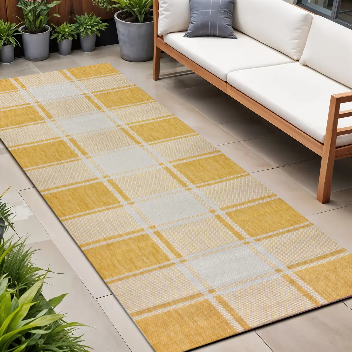 8' Yellow And Cream Gingham Indoor Outdoor Runner Rug Homeroots Outdoor