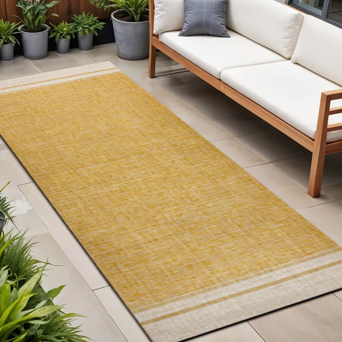 8' Yellow And Cream Indoor Outdoor Runner Rug Homeroots Outdoor