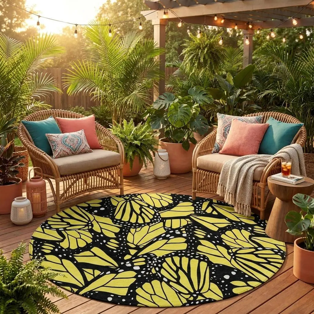 8' Yellow And Gold Round Animal Print Washable Indoor Outdoor Area Rug Homeroots Outdoor