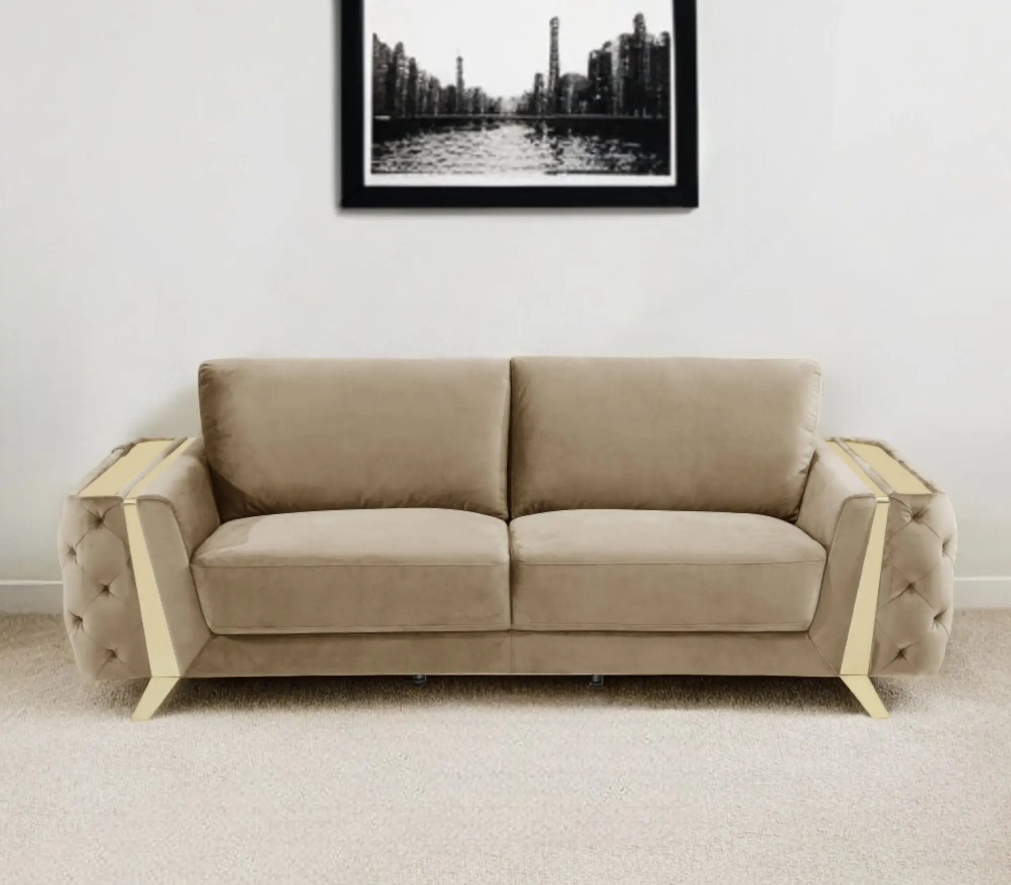 90" Beige Velvet Sofa With Gold Legs Homeroots Living Room