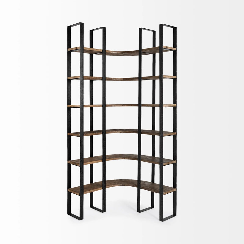 90" Black And Brown Iron and Wood Six Tier Bookcase - GreatEagleInc