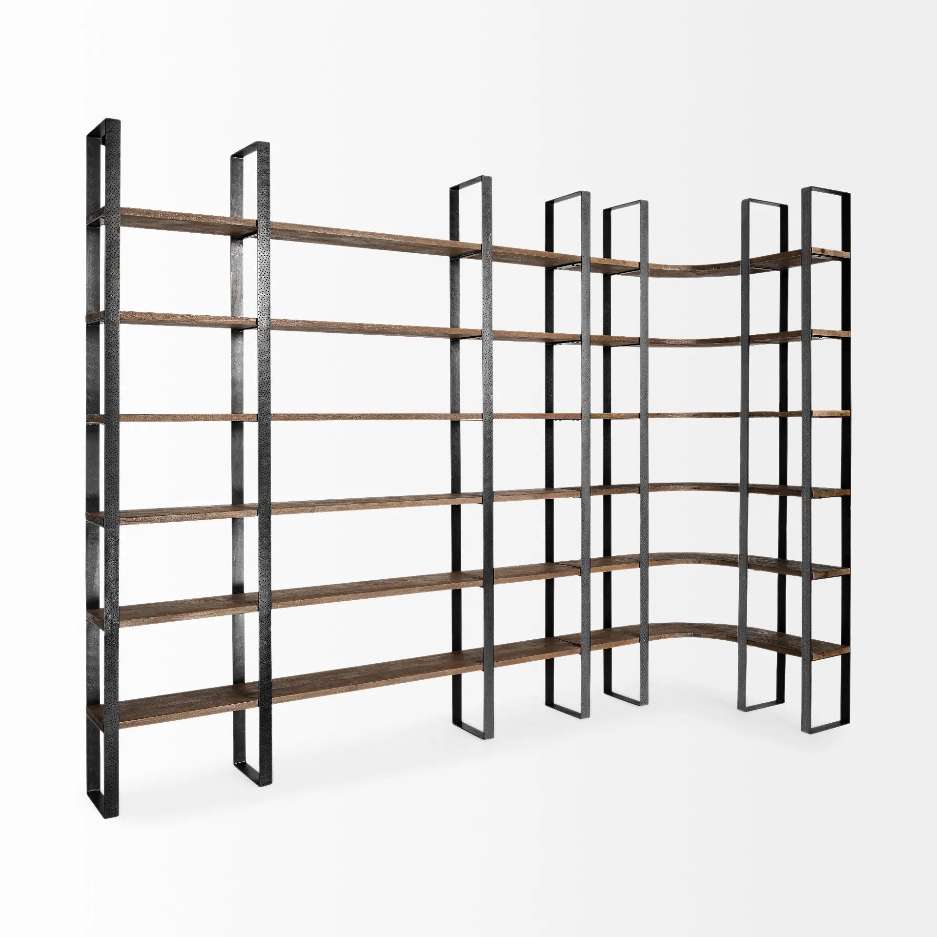 90" Black And Brown Iron and Wood Six Tier Bookcase - GreatEagleInc