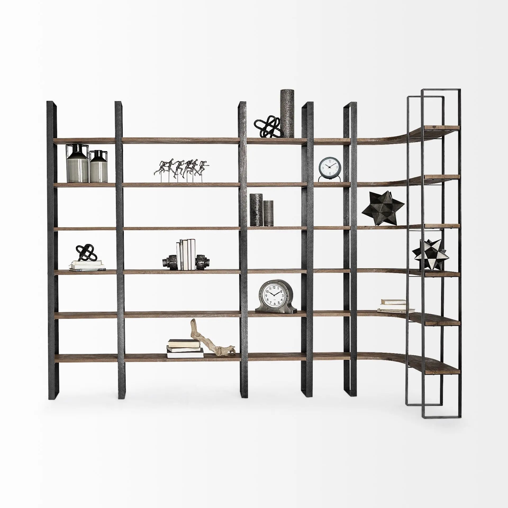 90" Black And Brown Iron and Wood Six Tier Bookcase - GreatEagleInc