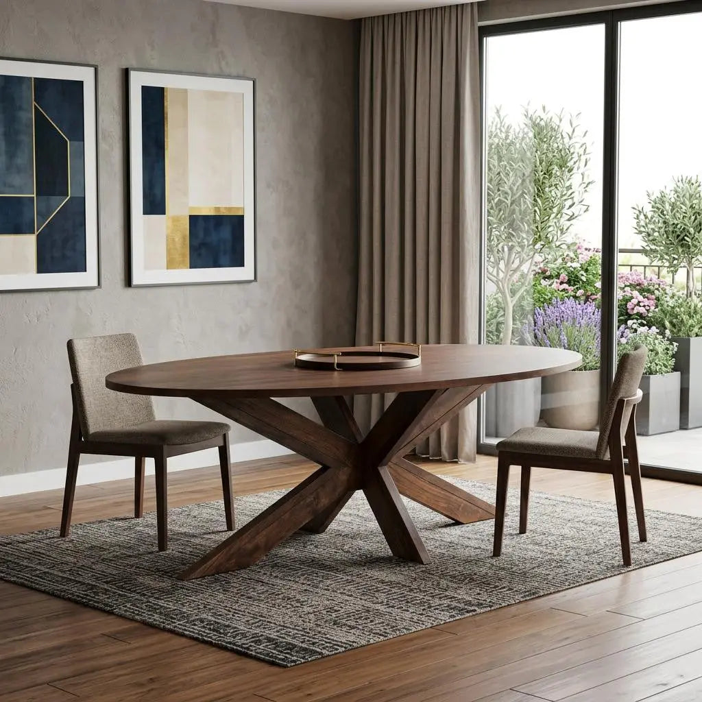 92" Brown Solid Wood Cross Leg Base Oval Dining Table Homeroots Kitchen & Dining