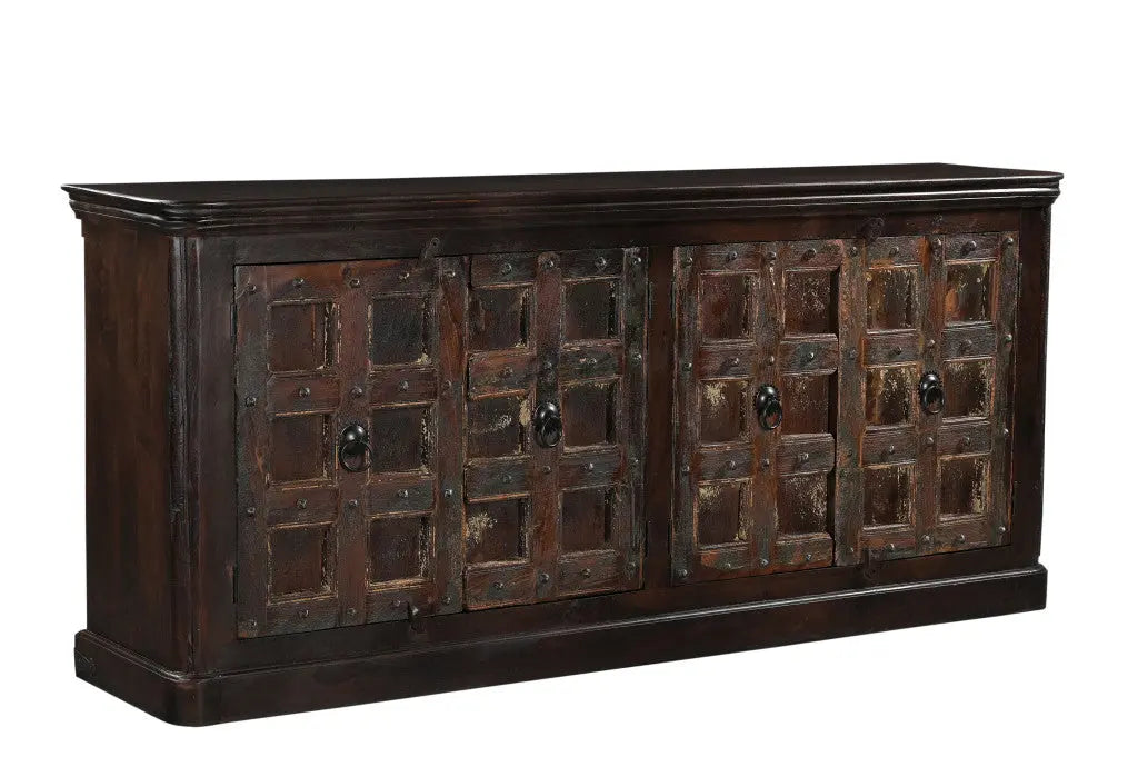 92" Dark Brown Distressed Solid Wood Carved Geometric Sideboard With Four Doors Homeroots Kitchen & Dining
