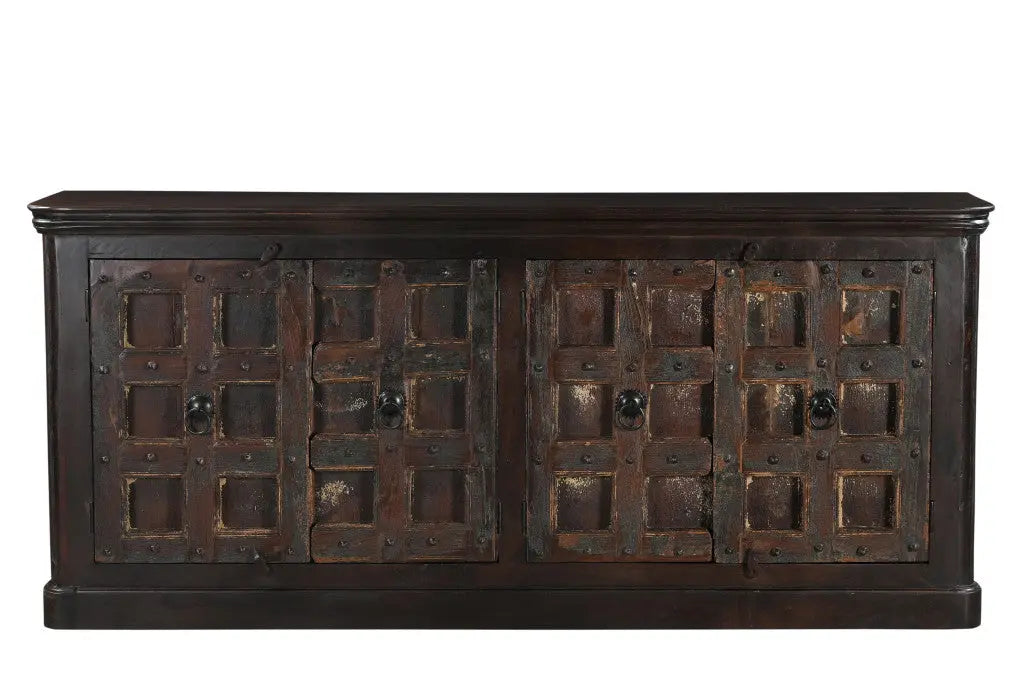 92" Dark Brown Distressed Solid Wood Carved Geometric Sideboard With Four Doors Homeroots Kitchen & Dining