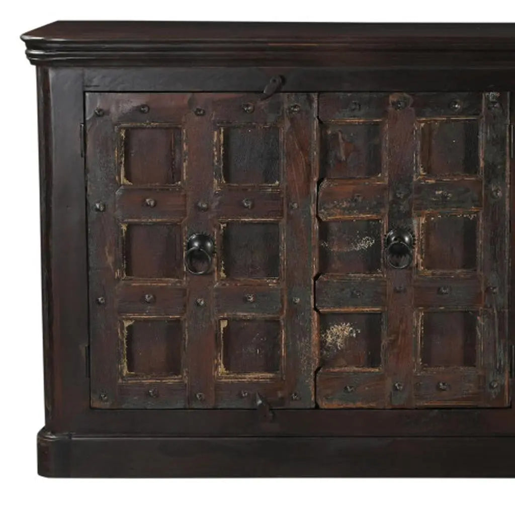 92" Dark Brown Distressed Solid Wood Carved Geometric Sideboard With Four Doors Homeroots Kitchen & Dining
