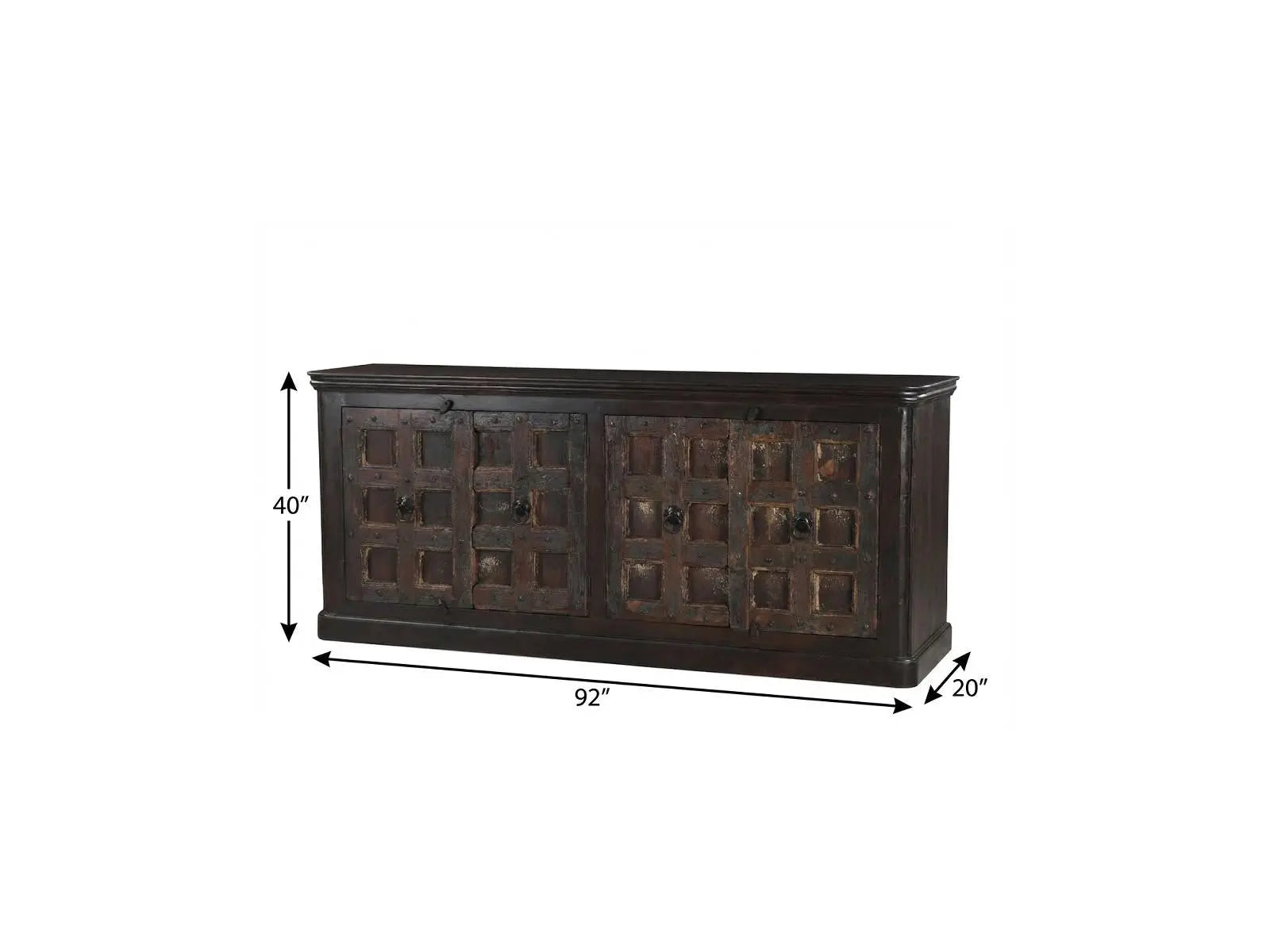 92" Dark Brown Distressed Solid Wood Carved Geometric Sideboard With Four Doors Homeroots Kitchen & Dining