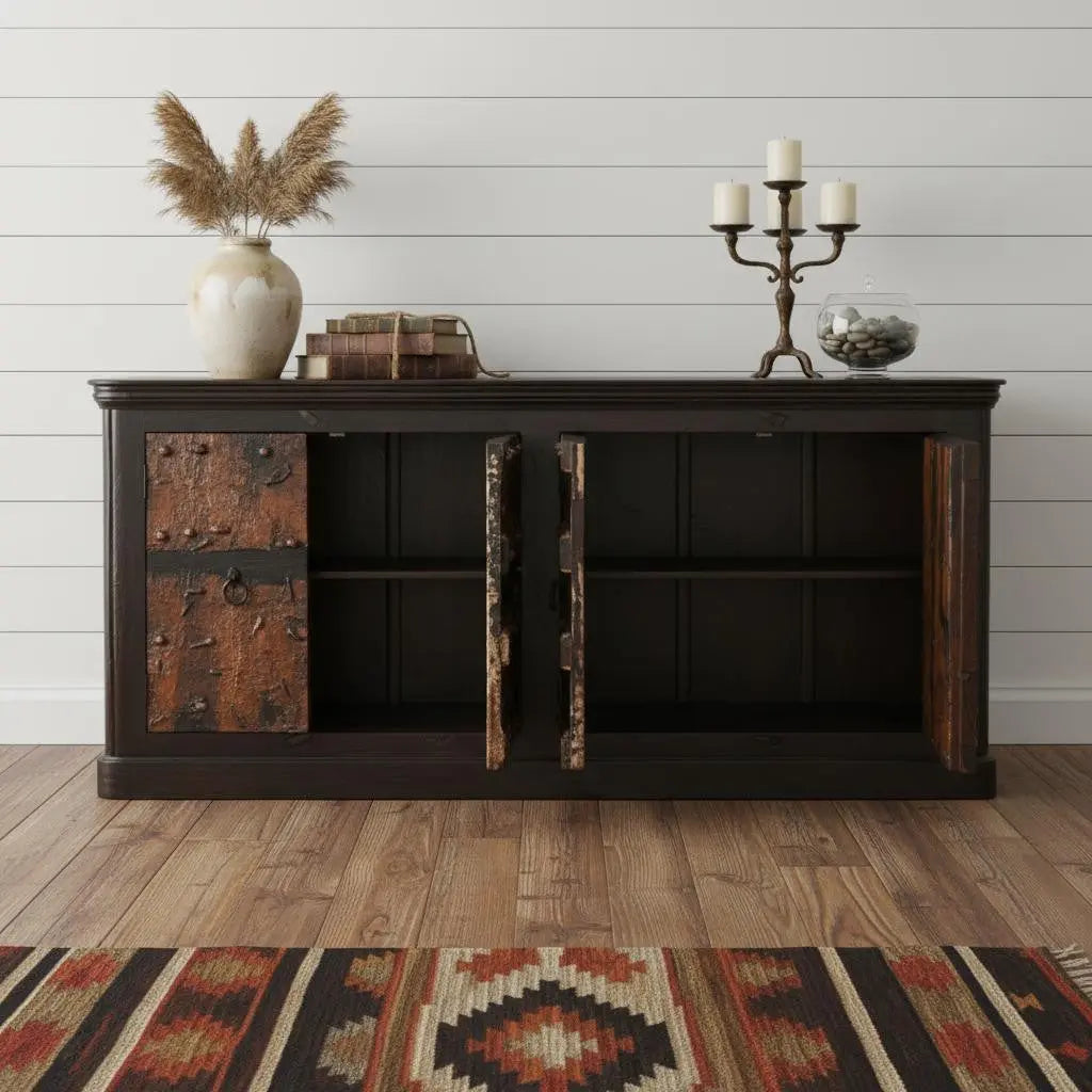 92" Dark Brown Distressed Solid Wood Carved Geometric Sideboard With Four Doors Homeroots Kitchen & Dining