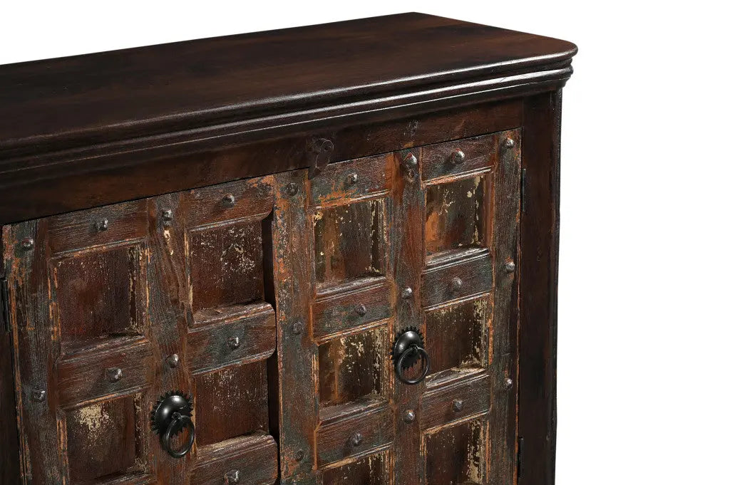 92" Dark Brown Distressed Solid Wood Carved Geometric Sideboard With Four Doors Homeroots Kitchen & Dining