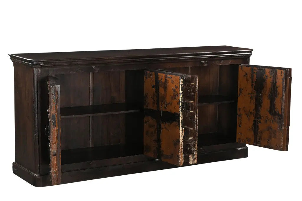 92" Dark Brown Distressed Solid Wood Carved Geometric Sideboard With Four Doors Homeroots Kitchen & Dining