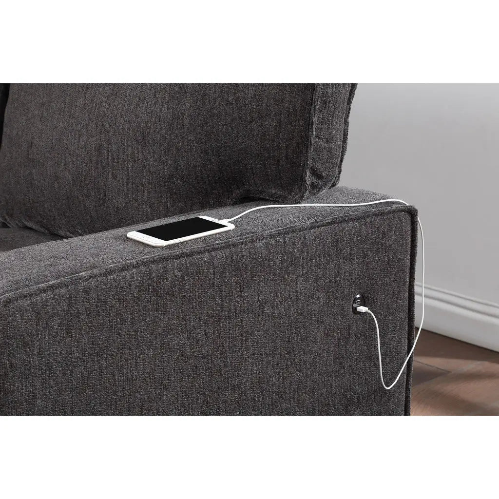 92" Dark Gray Upholstered Sleeper USB Sleeper Sofa With Toss Pillow Homeroots Living Room