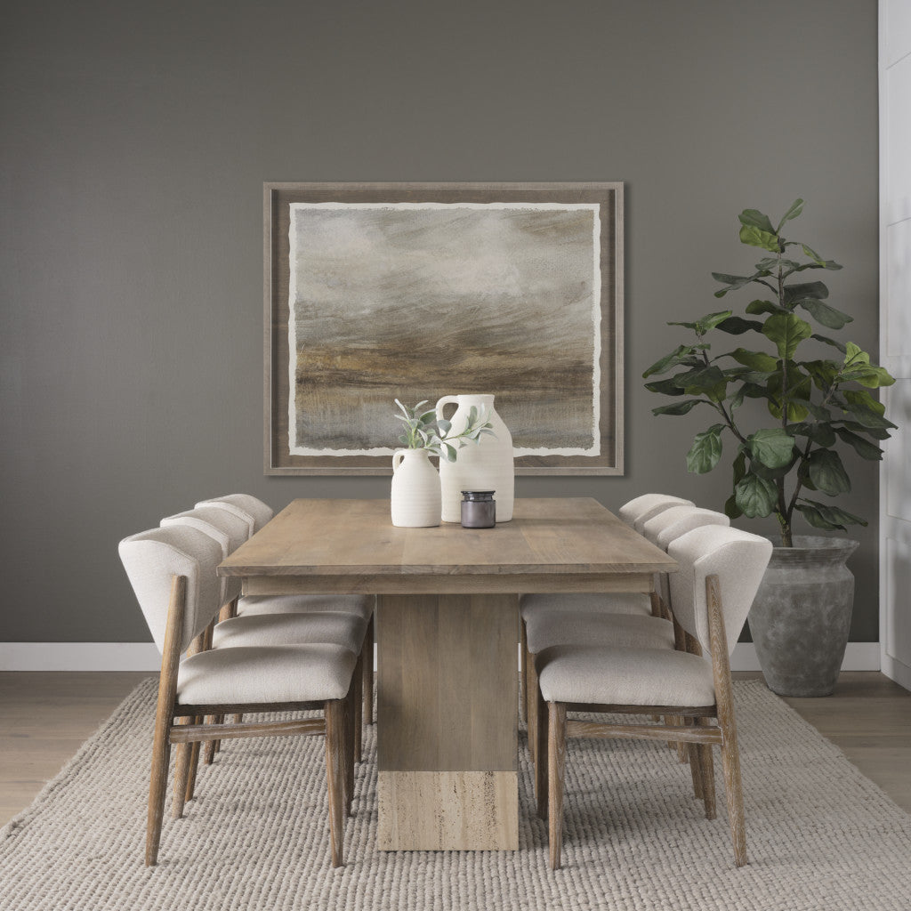 94" Beige Solid Wood and Marble Trestle Base Dining Table Homeroots Kitchen & Dining