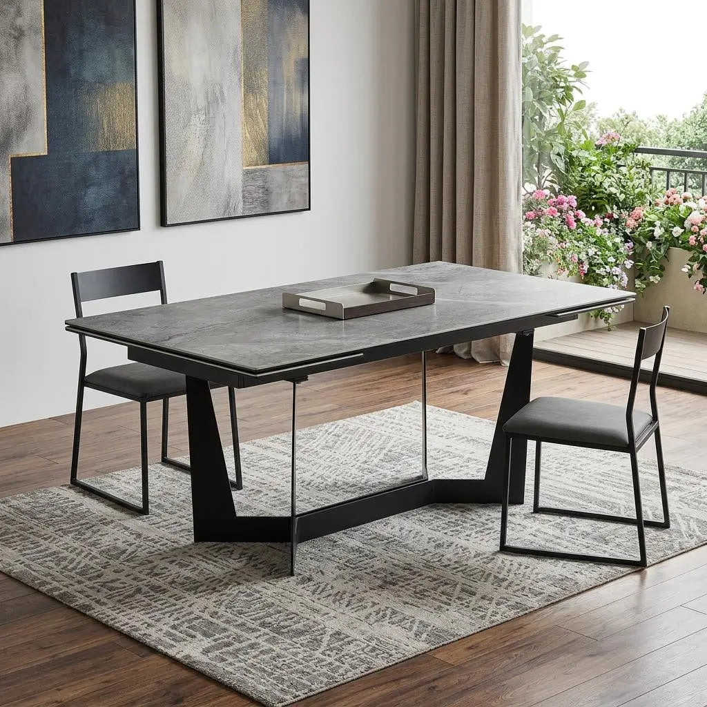 94" Gray and Black Ceramic and Steel Self-Storing Leaf Trestle Base Extendable Dining Table Homeroots Kitchen & Dining