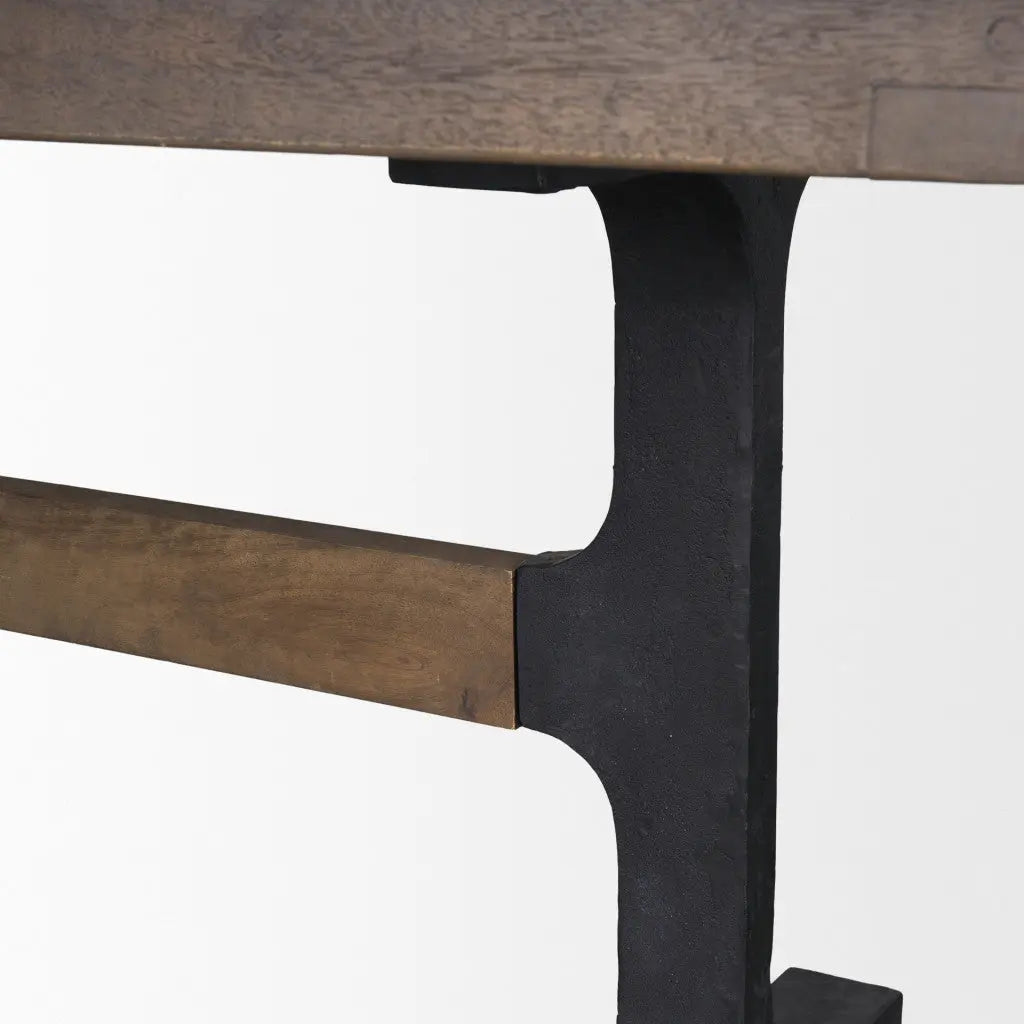 95" Brown and Black Solid Wood and Iron Trestle Base Dining Table Homeroots Kitchen & Dining