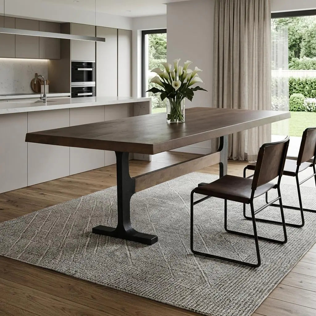 95" Brown and Black Solid Wood and Iron Trestle Base Dining Table Homeroots Kitchen & Dining