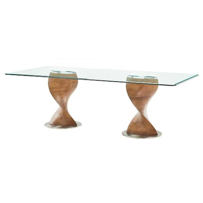 95" Clear And Brown Glass And Solid Wood Double Pedestal Base Dining Table Homeroots Kitchen & Dining