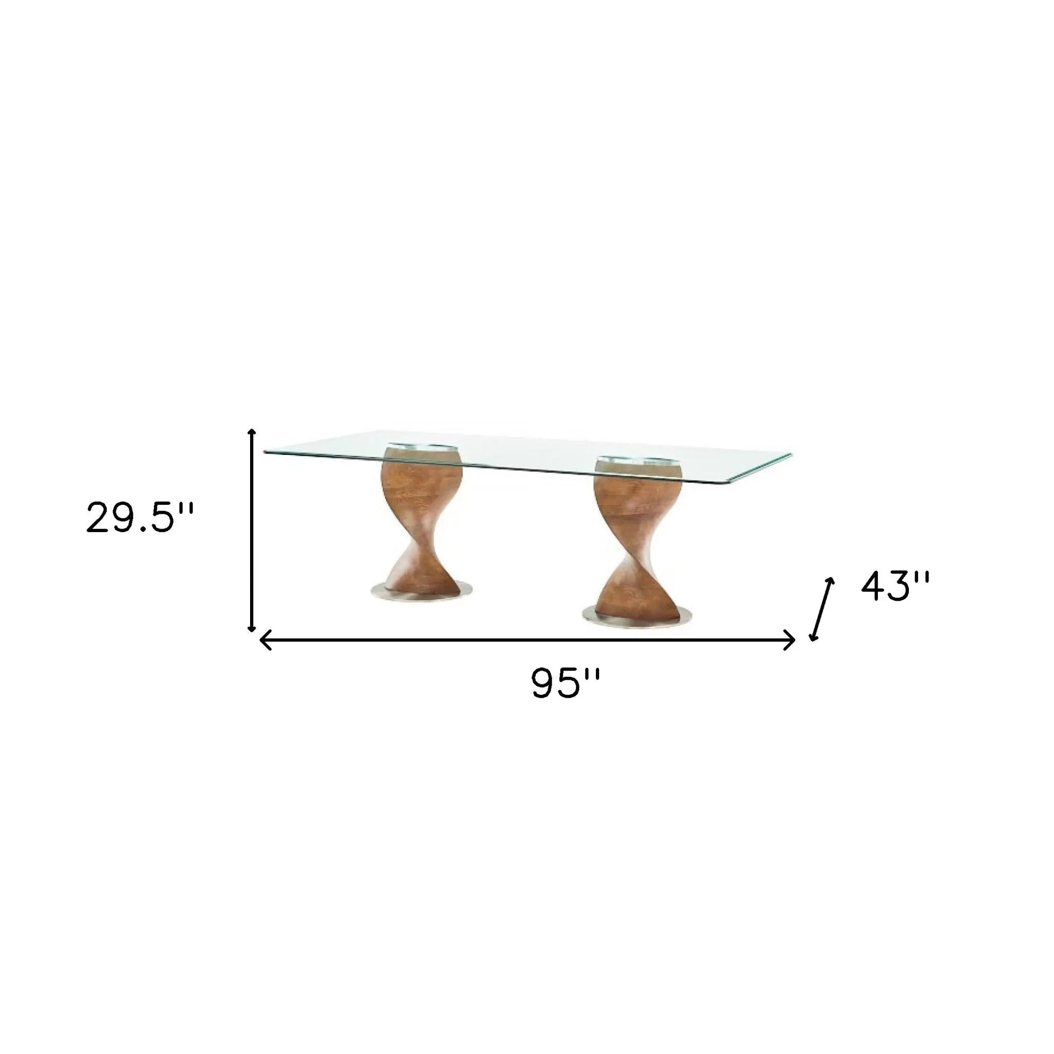95" Clear And Brown Glass And Solid Wood Double Pedestal Base Dining Table Homeroots Kitchen & Dining