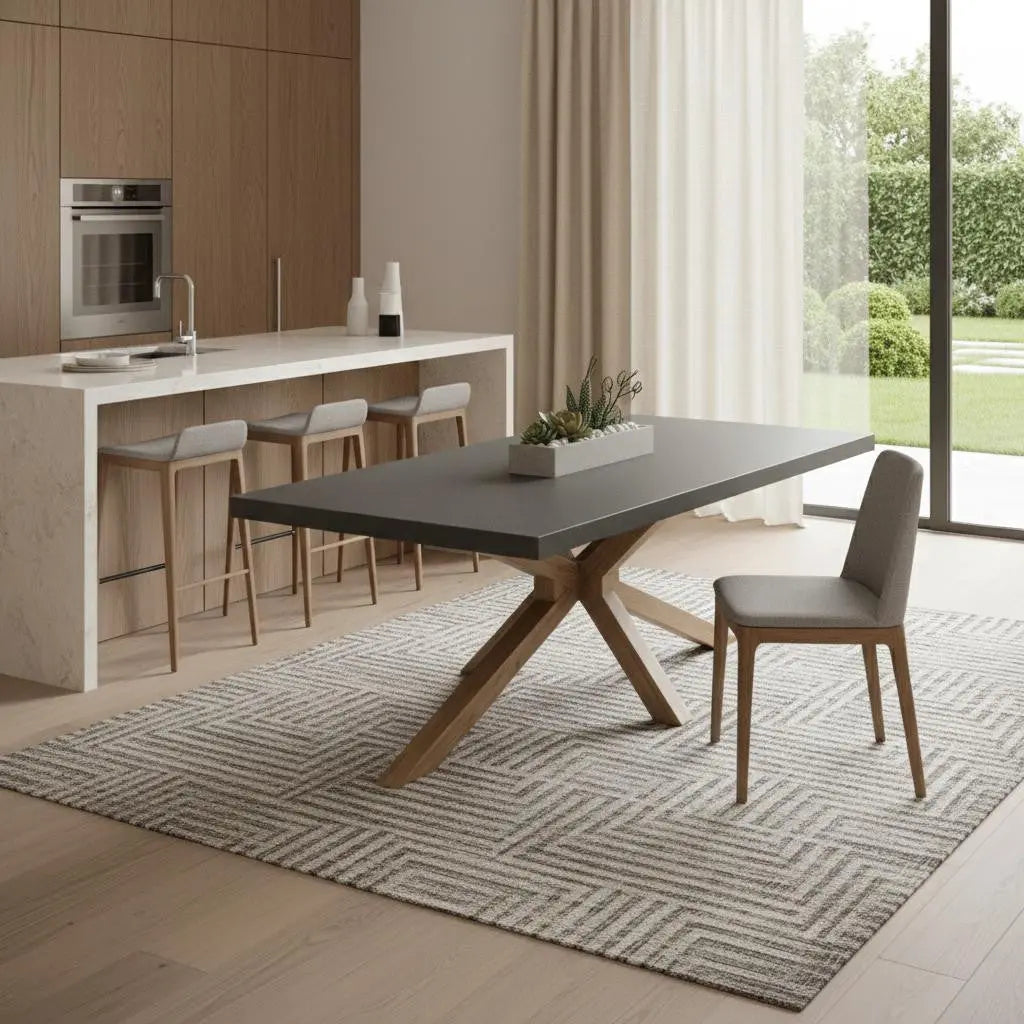 95" Gray and Natural Faux Concrete and Solid Wood Cross Leg Base Dining Table Homeroots Kitchen & Dining