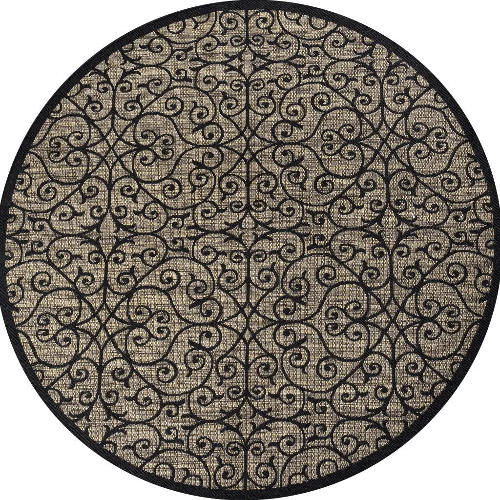 9' Black And Khaki Round Geometric Indoor Outdoor Area Rug Homeroots Outdoor