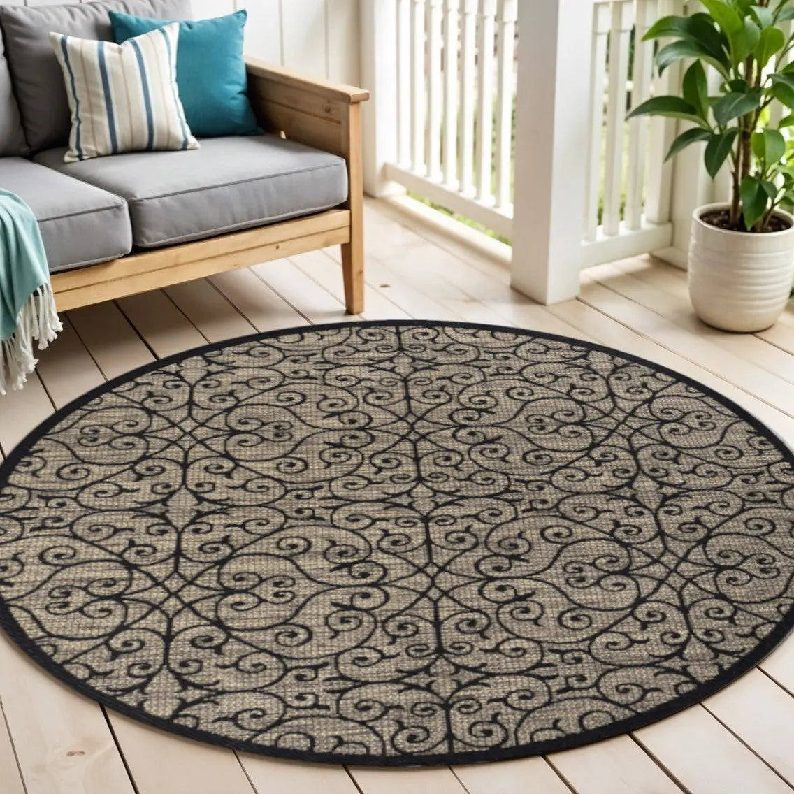 9' Black And Khaki Round Geometric Indoor Outdoor Area Rug Homeroots Outdoor