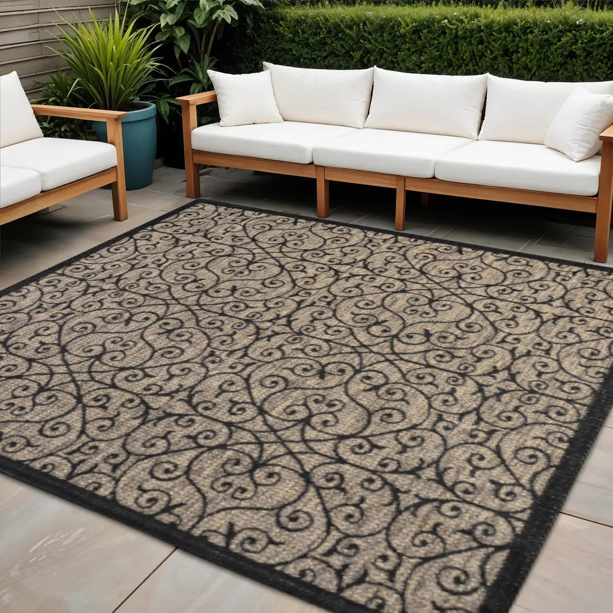 9' Black And Khaki Square Geometric Indoor Outdoor Area Rug Homeroots Outdoor