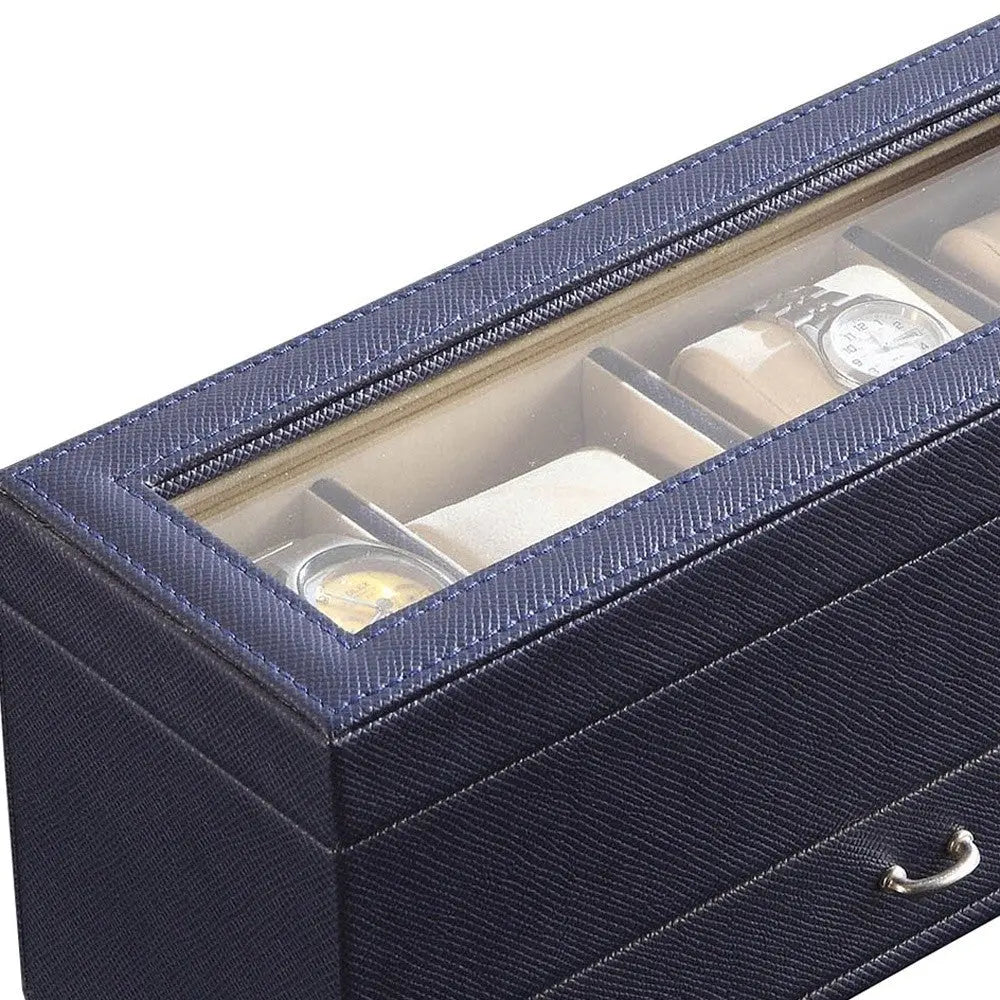 9" Blue And Clear Faux Leather And Glass Four Section Watch Box With Metal Accents Homeroots Organization