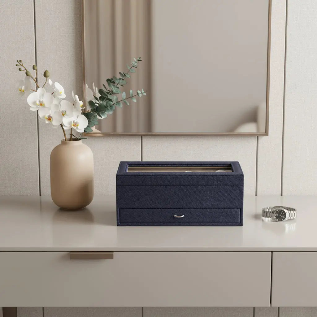 9" Blue And Clear Faux Leather And Glass Four Section Watch Box With Metal Accents Homeroots Organization