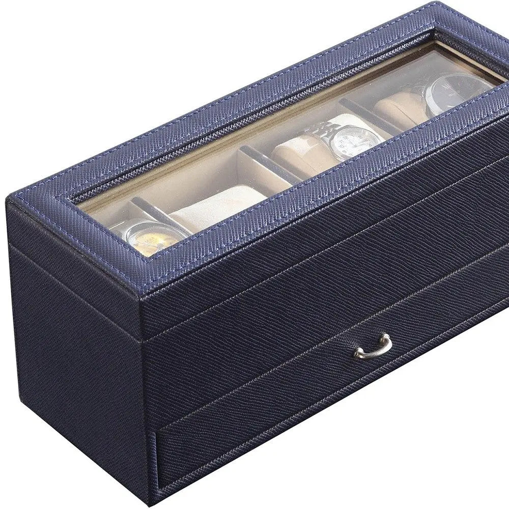9" Blue And Clear Faux Leather And Glass Four Section Watch Box With Metal Accents Homeroots Organization